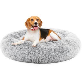 24 Inch Anti-Slip Round Fluffy Plush Faux Fur Cat Bed, Fits Up To 25 Lbs Pets (Option: Grey S)